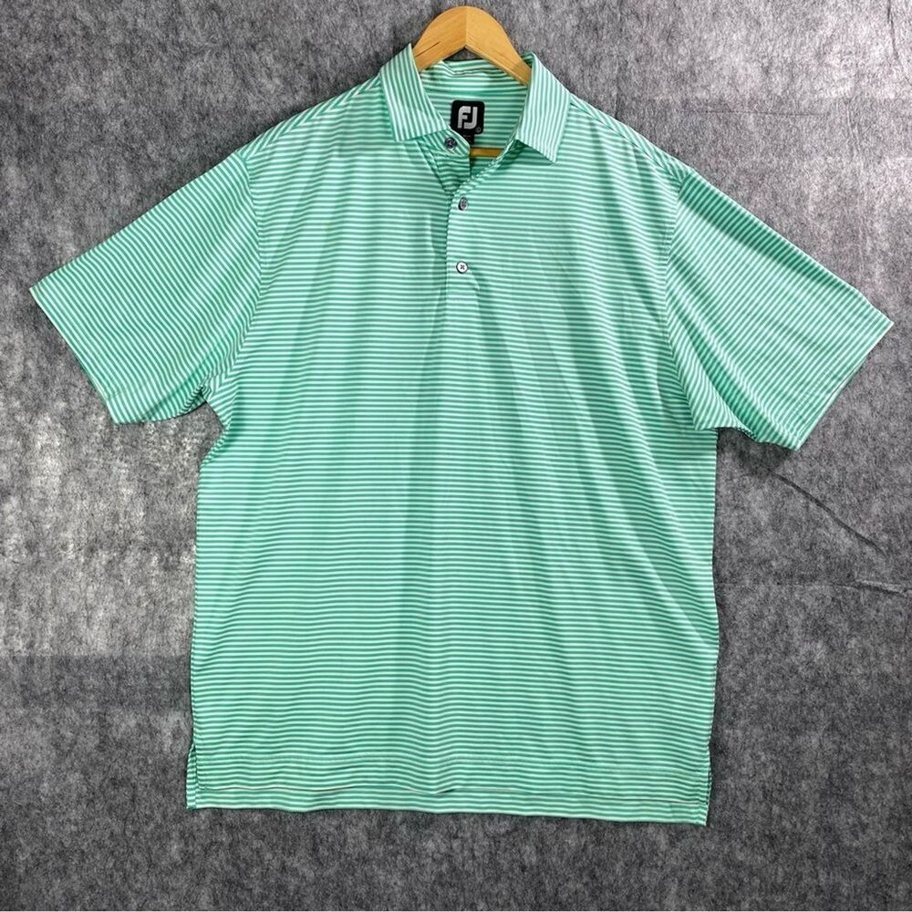 FootJoy Polo Shirt Mens Large White Green Golf Athletic Fit Short Sleeve Striped